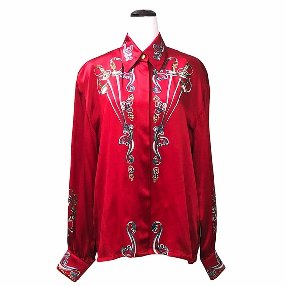 Vintage 1980s Designer Escada Red Sword Print Blouse 100% Silk Size Medium - Picture 2 of 9